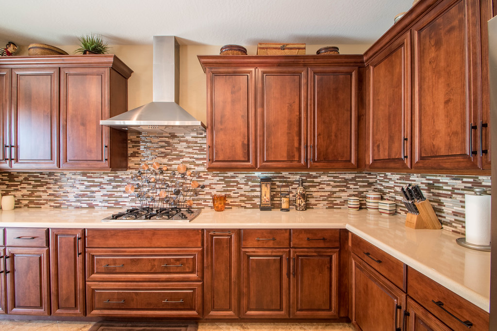 Modern kitchen with wooden cabinets.