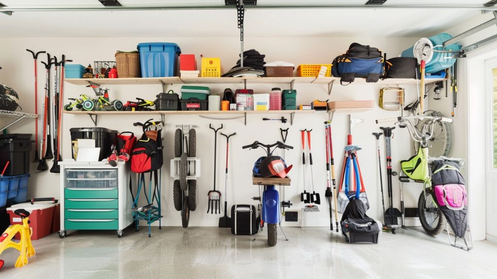 Well-organized garage with storage solutions.